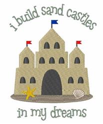 Whimsical sand castle with blue and red flags, accompanied by a starfish and seashell, perfect for summer.