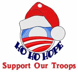 Circular emblem with a Santa hat featuring 'Ho Ho Hope' and 'Support Our Troops' text in festive red and blue.