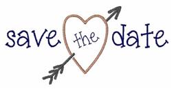 Playful 'save the date' text in dark blue and light brown, with a heart and arrow detail. Perfect for wedding announcements.