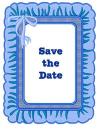 Playful 'Save the Date' text in bold blue, framed by a scalloped design and a cheerful bow, ideal for weddings.