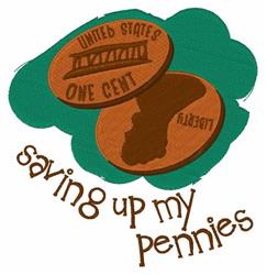 Two overlapping pennies with inscriptions dance on a playful teal backdrop, with text saying 'saving up my pennies' below.