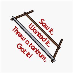 Playful saw with bold red text on a wooden frame, vibrant design perfect for humor enthusiasts.
