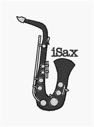 Stylized saxophone with white accents and bold text 'iSax' in a playful design for machine embroidery.