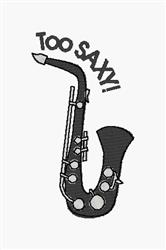 Playful saxophone with white highlights and bold text 'TOO SAXY!', perfect for music lovers in embroidery.