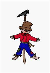 Whimsical scarecrow with a straw hat, red shirt, and blue pants, accompanied by a crow for an autumn theme.