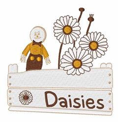 Cheerful scarecrow in earthy tones beside bright daisies and a wooden sign, perfect for spring decor.