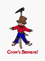 Whimsical scarecrow in red shirt and blue pants with a crow on its brown hat, featuring the phrase 'Crow's Beware!' in fall d