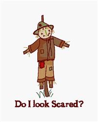 Cheerful scarecrow in a patchy brown coat and wide-brimmed hat, with warm fall colors and playful text 'Do I look Scared?'.