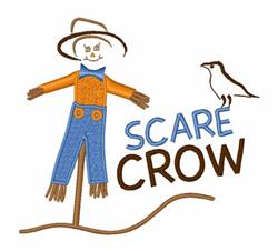 Playful scarecrow in blue overalls and straw hat stands with a bird, adorned with 'SCARE CROW' text, perfect for fall.