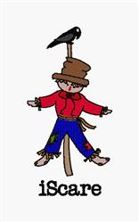 Playful scarecrow in red shirt and blue pants with a crow on its brown hat, perfect for Halloween decor.