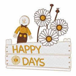Cheerful scarecrow in a yellow shirt beside a wooden sign reading 'HAPPY DAYS', surrounded by white daisies in spring.