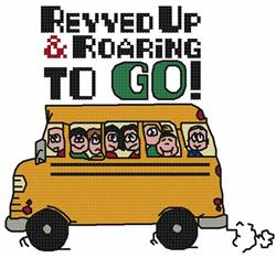 Cross stitch school bus in bright yellow, filled with smiling children and fun text above.