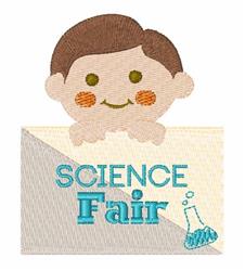 Cheerful boy with brown hair and orange cheeks peeking over a 'SCIENCE Fair' sign, enhanced with a colorful science beaker.