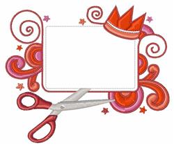 Playful scissors at the bottom with colorful red and pink swirls, a whimsical crown above, perfect for birthday celebrations.
