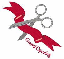 Scissors cut through a vibrant red ribbon in a simple celebratory design for a Grand Opening.