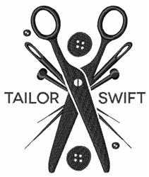 Oversized scissors with bold black outlines, intersected by sewing needles and buttons in a playful crafting theme.