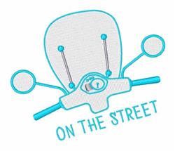 Scooter handlebars in light blue with the text 'ON THE STREET' below, playful design on a white background.