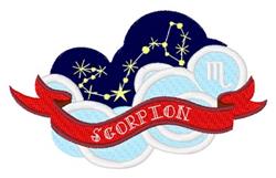 Scorpio zodiac sign banner in colorful design with stars, clouds, and a vibrant red contrast against a night sky.