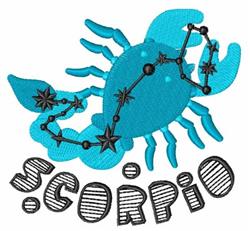 Playful Scorpio with black outlines, vibrant turquoise color, constellation stars above, and bold 'SCORPIO' text below.