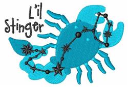 Playful blue scorpion with detailed claws and curled tail, surrounded by black stars and 'L'il stinger' text.