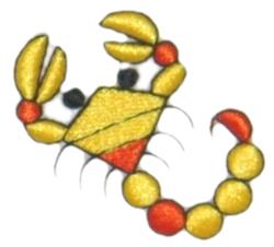 Colorful cartoon scorpion in cheerful yellow and red with black claws and a curved tail, perfect for kids.