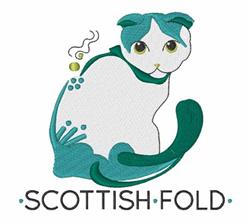 Playful Scottish Fold cat with smooth lines, vibrant teal accents, and a floating ball, perfect for embroidery.