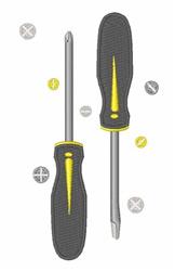 Modern screwdriver set with black handles and yellow accents, featuring flat and Phillips heads beside various screw heads.