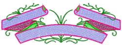 Scroll banners in pink intertwined with green leaves against a textured blue backdrop, perfect for quilting.