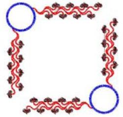 Scroll design featuring whimsical red swirls, bold blue circles, and intricate black accents, perfect for quilting.