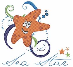 Cross stitch starfish with a smiling face in orange, surrounded by blue swirls and green accents, playful design.