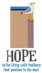 Playful seagull with the word 'HOPE' in bold font, set against a soft brown and blue background.