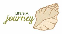 Stylized seashell in soft beige tones with 'LIFE'S A journey' in rich green, modern and whimsical design.