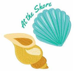 FSL yellow seashell and light blue scallop shell with 'At the Shore' text, bright summer seaside theme.