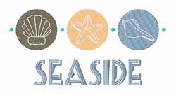 Playful seaside design featuring seashells and starfish in vibrant colors, with 'SEASIDE' text below.