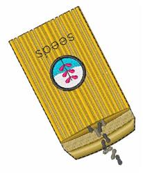 Colorful seed bag with yellow vertical stripes, a circular plant label, and seeds spilling out.