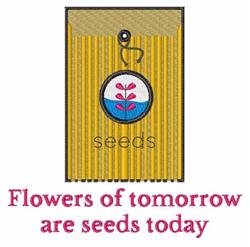 Colorful seed packet with a vibrant yellow exterior, blue and pink flower design, and an inviting quote for spring gardening.
