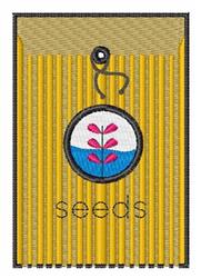 Seed packet design with a vibrant yellow background, pink flowers, and blue water, celebrating spring.