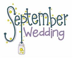 Playful wedding jar design with 'September Wedding' text in blue and purple, accented by cheerful yellow bubbles.