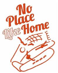 Whimsical sewing machine with 'No Place Like Home' phrase, vibrant orange hues, and floral accents in cozy home theme.