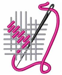 Sewing needle with pink thread weaving through grey stitches on fabric grid, showcasing vibrant and playful textile design.
