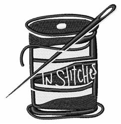 Sewing spool in cartoonish black and white with a threaded needle, featuring playful text 'In Stitches'.