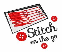 Sewing tools and buttons with red thread, playful red needles, and vibrant text 'Stitch on the go' on a black and white backd