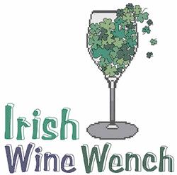 Cross stitch design featuring a wine glass filled with shamrocks, colorful text saying 'Irish Wine Wench', perfect for St. Pa