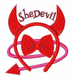 Playful text design reads 'She Devil' with red horns, a pink bow tie, and arrow, perfect for Halloween.