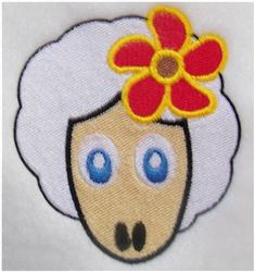 Cute sheep face with fluffy white fleece, bright blue eyes, and a red flower, perfect for embroidery.