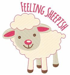 Playful sheep with fluffy white body, light gray face, and pink accents, with 'Feeling Sheepish' text.