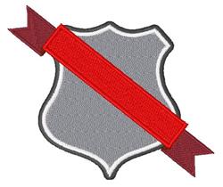 Modern shield shape with a thin gray outline, accented by a bold red banner on a gray background.