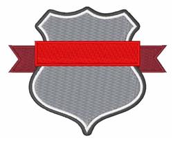 Bold shield emblem in gray with a vibrant red ribbon on a clean background, perfect for modern embroidery projects.