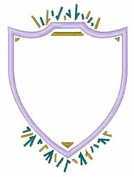 Shield emblem design with a lavender outline, gold and teal accents, and customizable interior space.