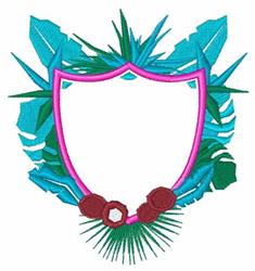 Vibrant shield with pink outline, surrounded by teal and green tropical leaves, accented with red and white flowers.
